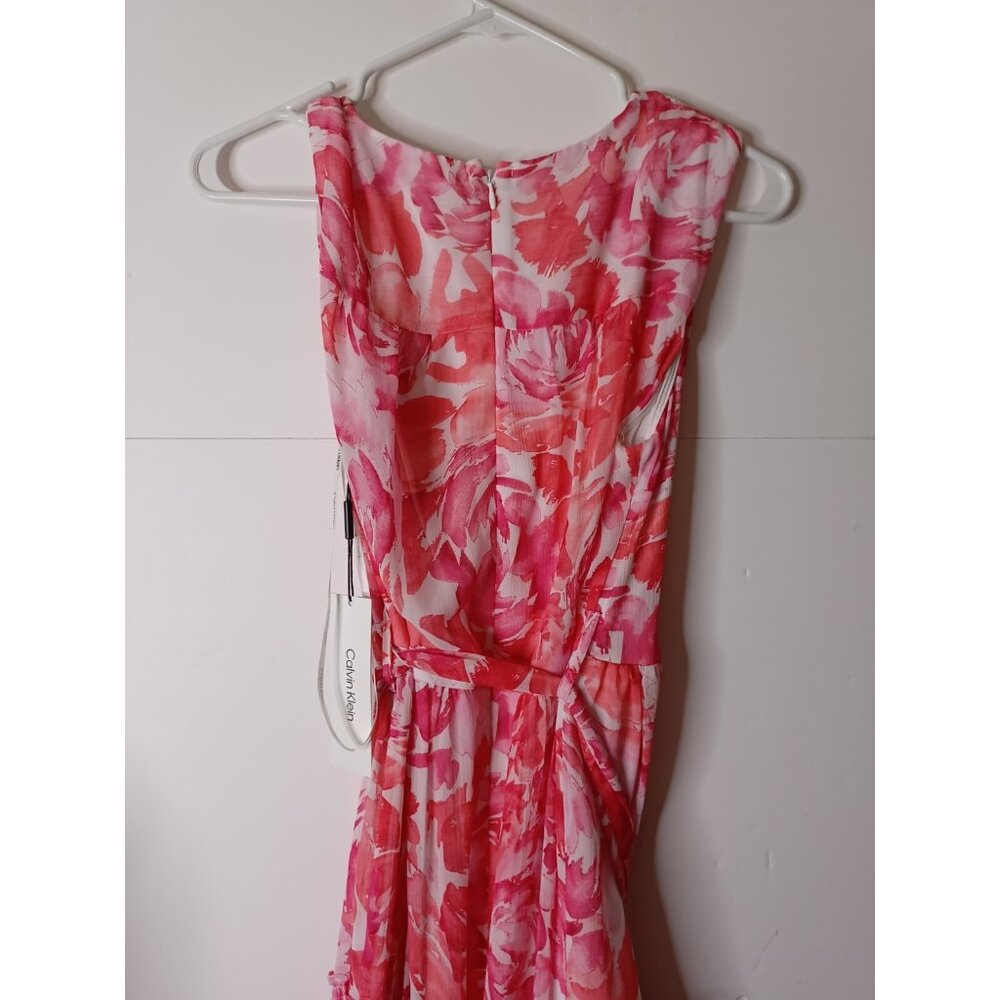 CALVIN KLEIN Womens White Lined Tie Belt Floral Sleeveless Dress Size 8 $149 - Picture 7 of 9
